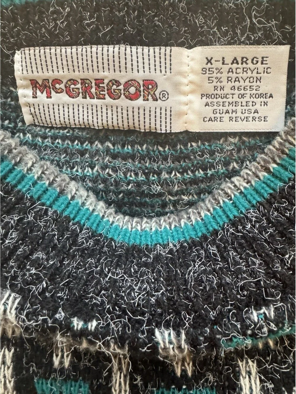 Vintage McGregor Geometric Knit Sweater XL Black Teal Gray 90s Crewneck Retro